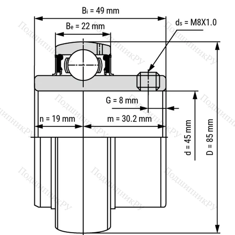 Радиальный шариковый подшипник UC 209 - Вал 45мм